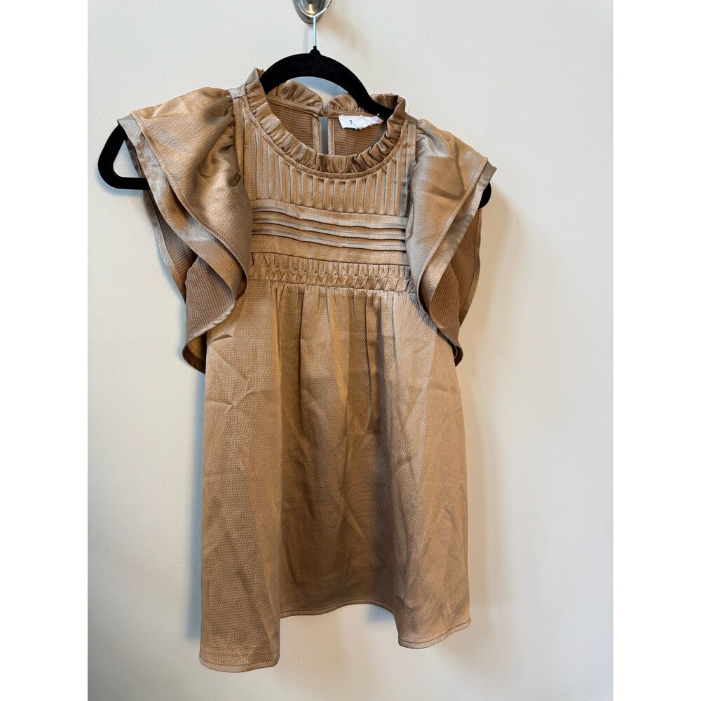THML Tan Pintuck Flutter Sleeve Blouse Size S